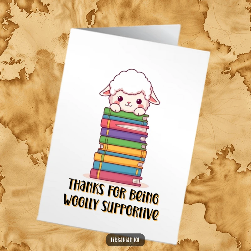 Funny Free Printable Thank You Card: A fluffy sheep peeks over a pile of books, offering thanks.