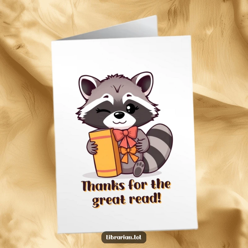 Funny Free Printable Thank You Card: Winking raccoon shelves books with a flourish and bow. Unique downloadable art.