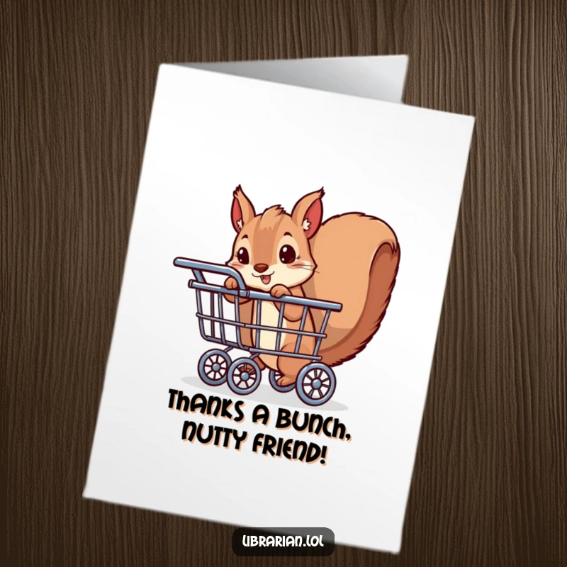 Funny Free Printable Thank You Card: A playful squirrel hiding behind a book cart, sending thanks with humor.