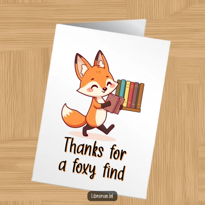 Funny Free Printable Thank You Card: Cheerful fox reshelving book, showing thanks, downloadable art.