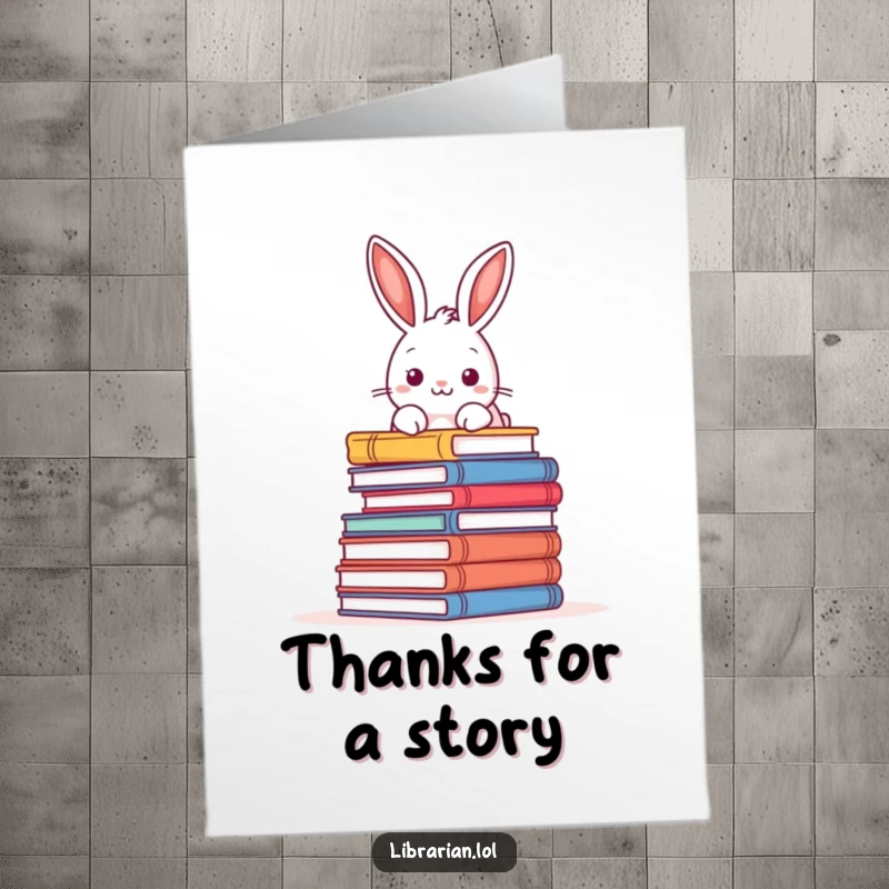 Funny Free Printable Thank You Card: A playful rabbit peeks over an immense pile of books, showing gratitude.