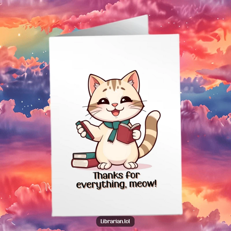Free Printable Cat Librarian Thank You Card: Giggling cat librarian juggling books, offering a cheerful thank you with a happy wiggle.