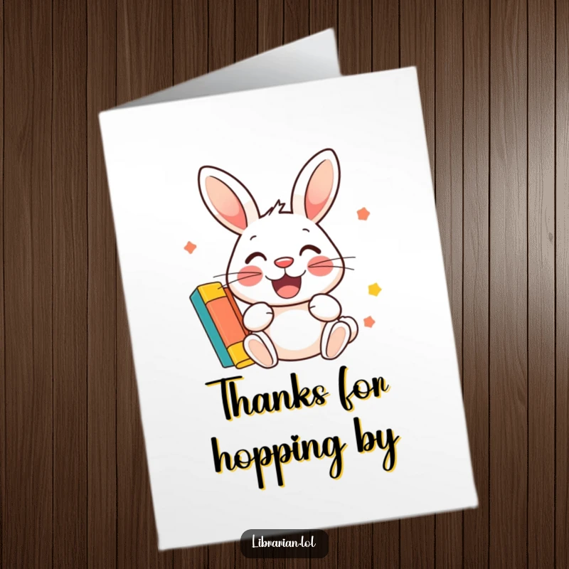 Funny Free Printable Thank You Card: A smiling rabbit happily stamps a colorful library card, expressing thanks.