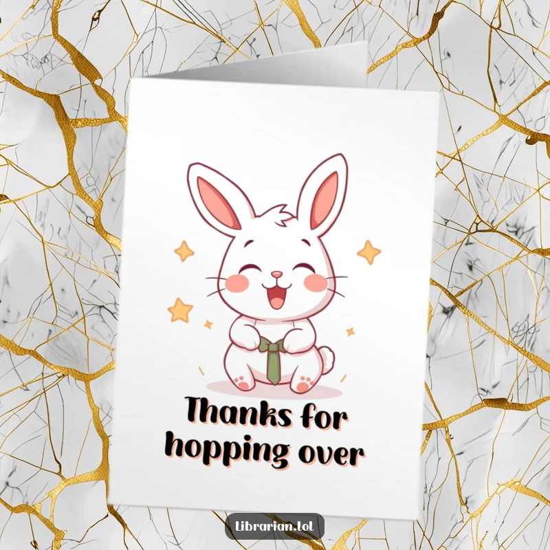 Funny Free Printable Thank You Card: Delighted rabbit stamping books with a flourish, expressing thanks.