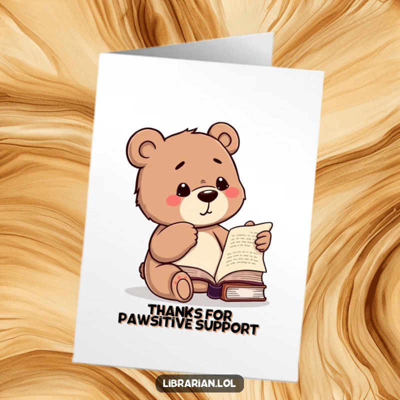 Funny Free Printable Bear Thank You Card: A studious bear winks knowingly while pointing at a book, expressing thanks.
