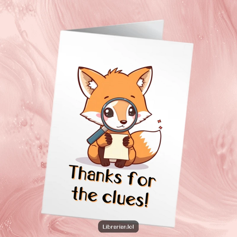 Funny Free Printable Fox Thank You Card, fox with magnifying glass examining a tiny note, expressing thanks humorously.