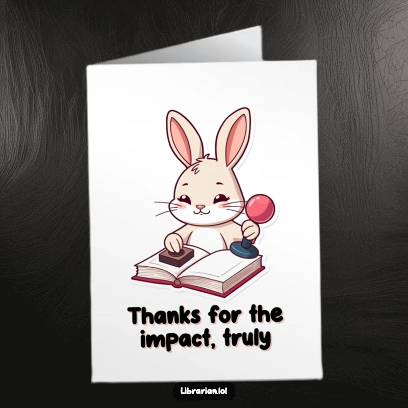 Funny Free Printable thank you card with a determined bunny stamping a book with a stamp pad, conveying thanks.