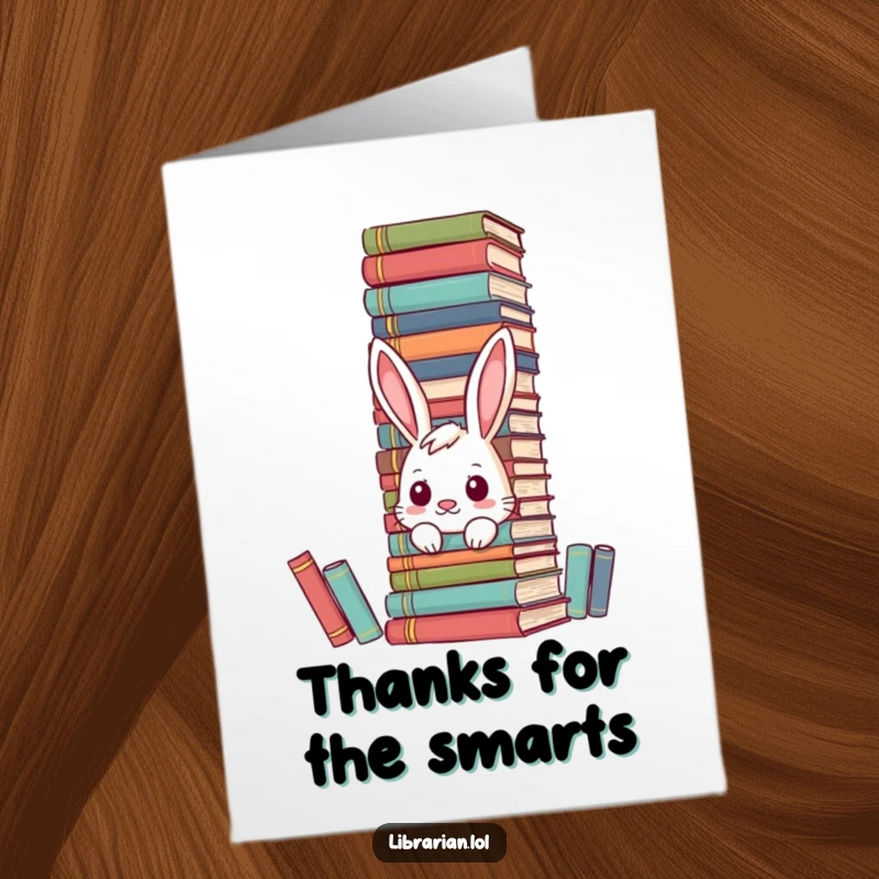 Funny Free Printable Thank You Card: Curious bunny peeking from behind a tall pile of encyclopedias, offering thanks.