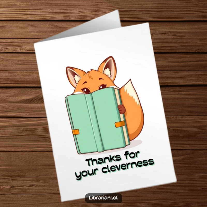 Free Printable Fox Librarian Thank You Card: A mischievous fox librarian peeks from behind a book, offering a sly thank you.
