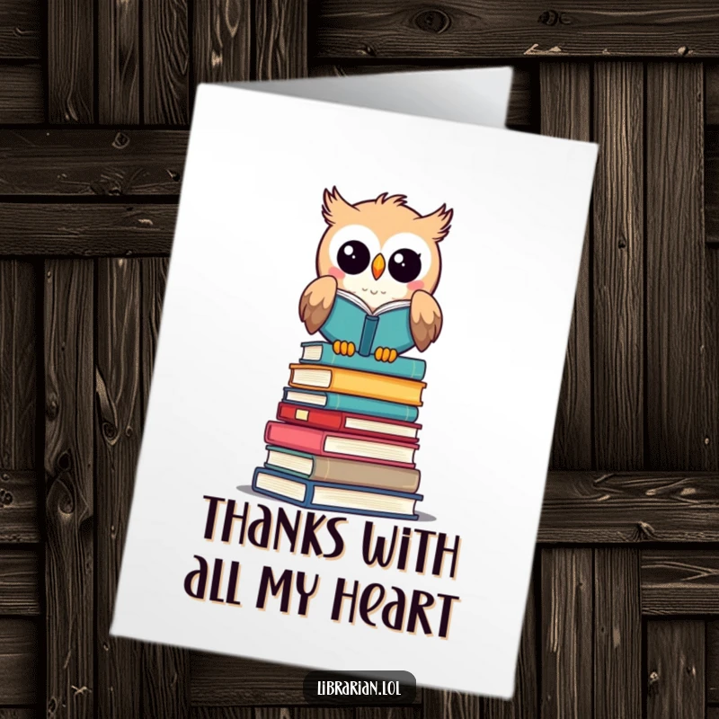 Free Printable Owl Librarian Thank You Card: A cheerful owl librarian atop books, offering thanks with a wise and happy gaze.