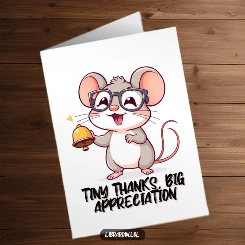 Funny Free Printable Thank You Card: A small, happy mouse with glasses rings a tiny bell, conveying sincere thanks humorously.