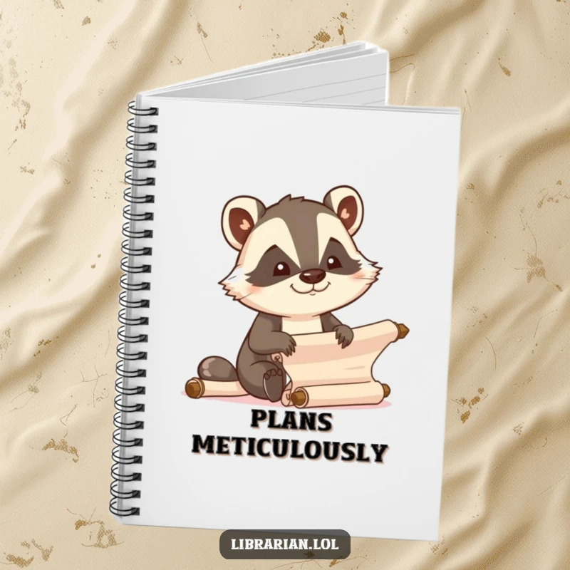 Funny determined cartoon badger organizing scrolls on the cover of a notebook.