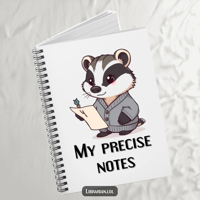 Funny badger in a cardigan, determinedly pointing to a page with a quill. Humorous notebook for jotting funny ideas.