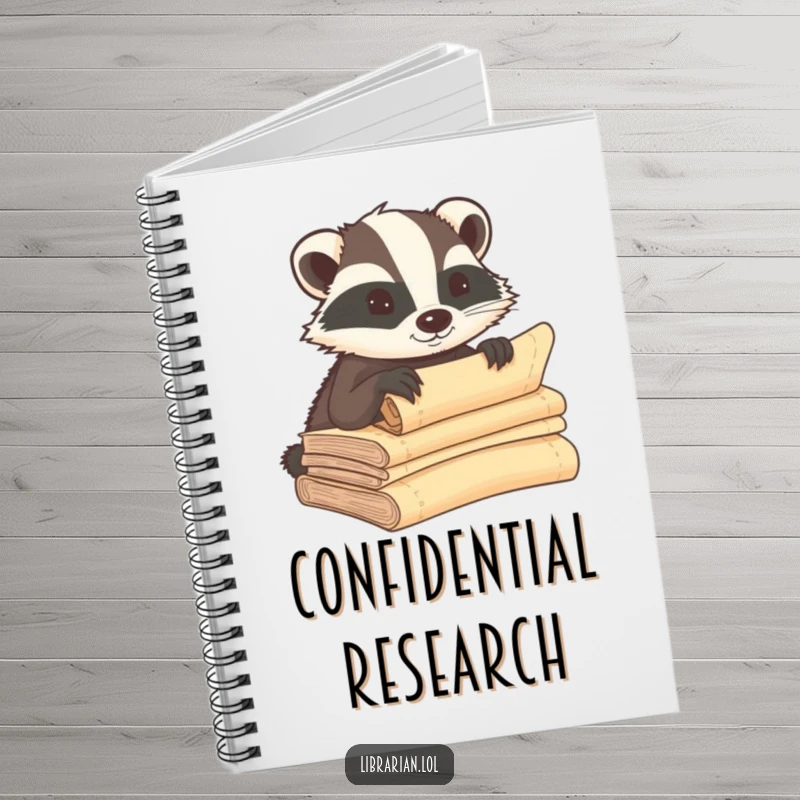 Funny badger notebook, whispering secrets into ancient scrolls, inspiring historical research and secret note-taking.