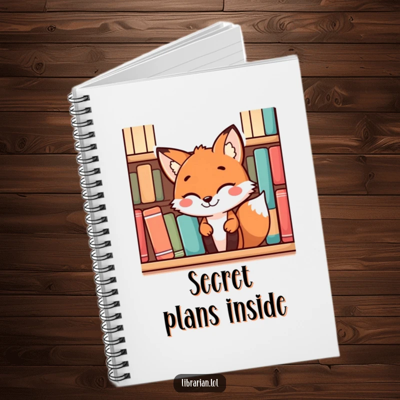 Funny playful fox with a mischievous grin peeking from behind a book, on a lined notebook for witty notes.