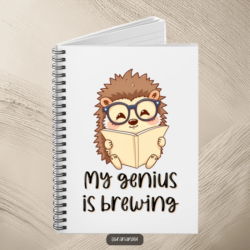 Funny notebook with a happy hedgehog wearing reading glasses and studying a tiny scroll. Great for journaling and academic notes.