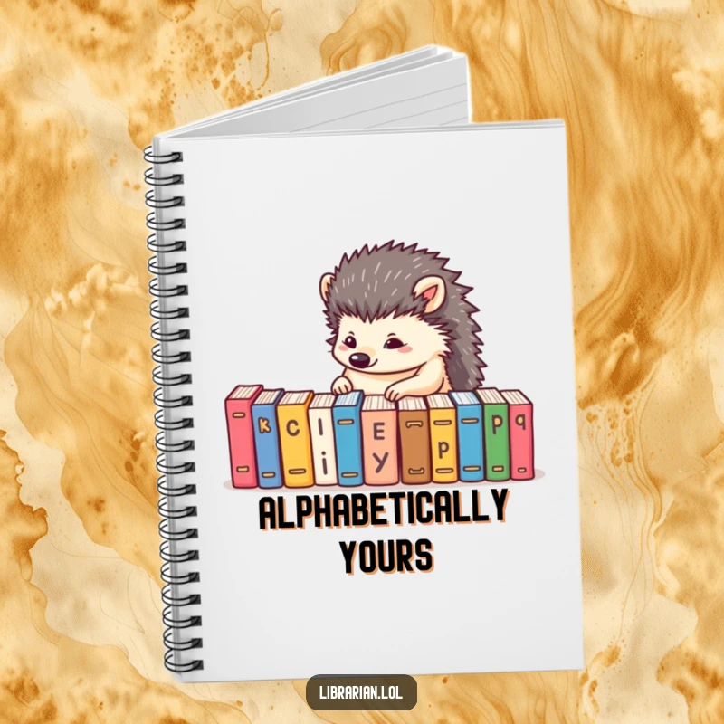 Funny notebook with a determined hedgehog alphabetizing tiny books, perfect for organized notes and creative planning.