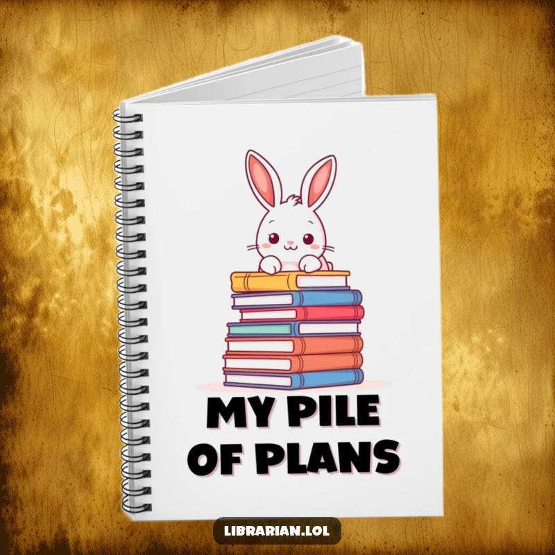 Funny notebook featuring a playful rabbit peeking over a pile of books, ideal for jotting down ideas.