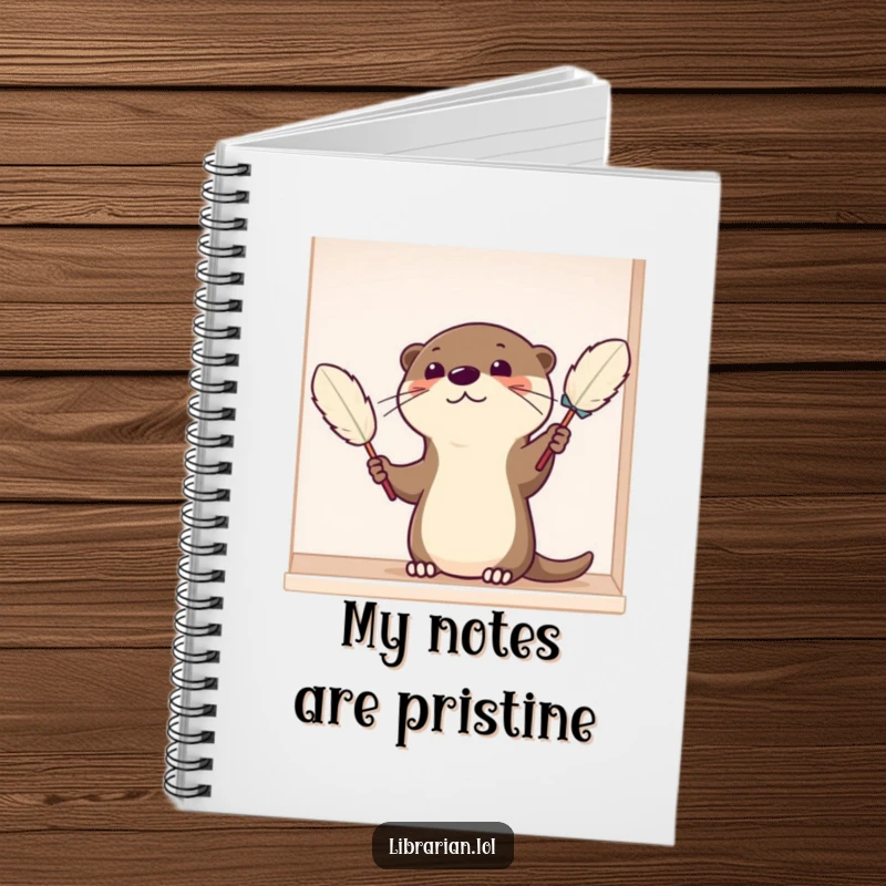 Funny Notebook cover shows a satisfied cartoon otter diligently dusting a shelf with a feather duster, perfect for organized note-taking.