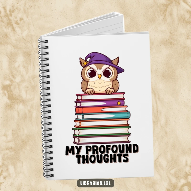 Funny notebook with a wise owl wearing glasses, overlooking a huge stack of books, ideal for jotting down profound thoughts.