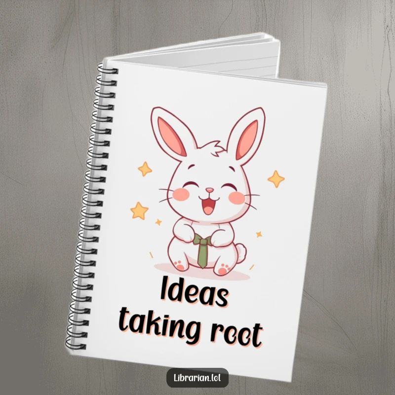 Funny cartoon rabbit energetically stamping books on the cover of a notebook.