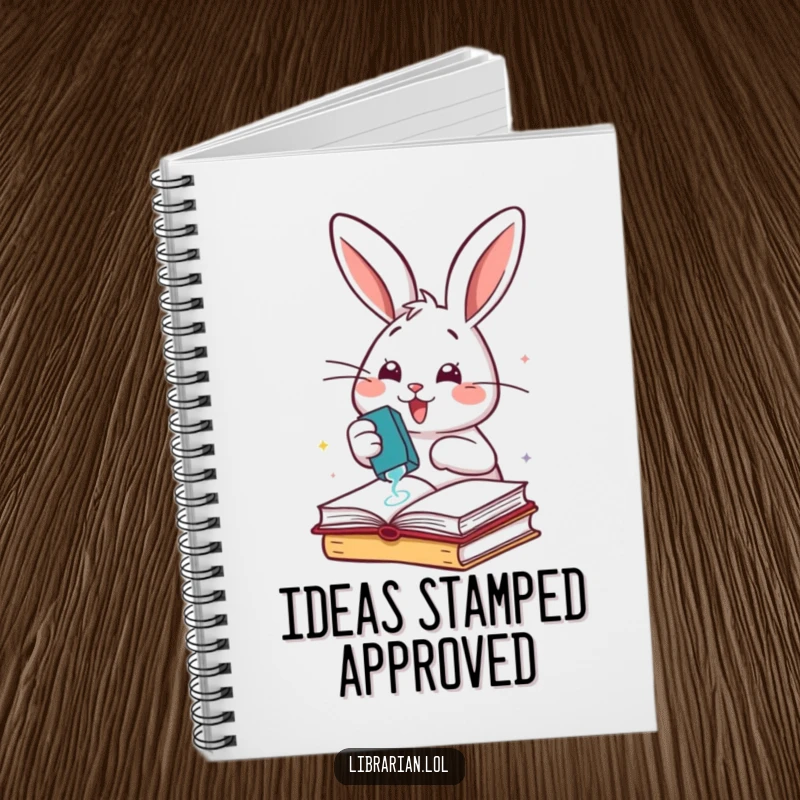 Funny cheerful rabbit enthusiastically stamping books with a rubber stamp, on a lined notebook.