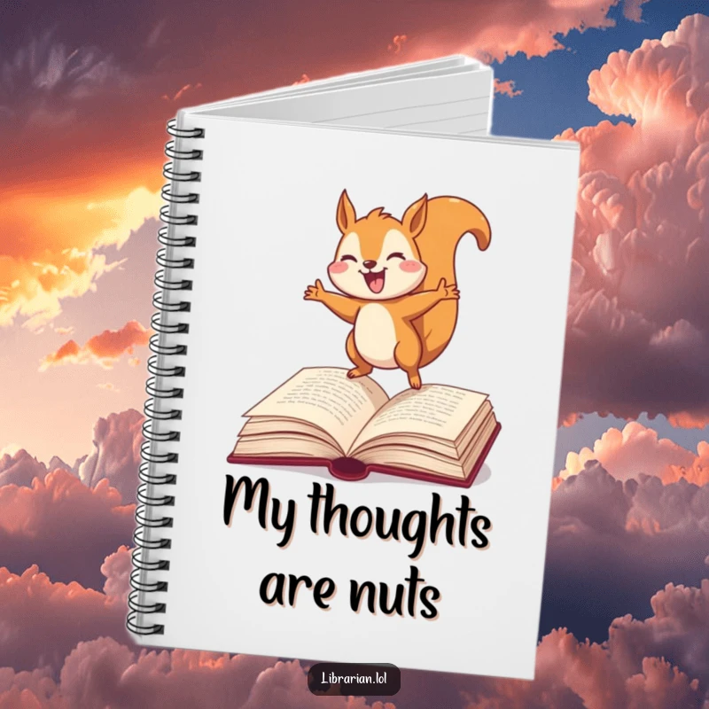 Funny Squirrel Notebook, joyfully bouncing on an open dictionary, encouraging creative writing with a humorous literary theme.