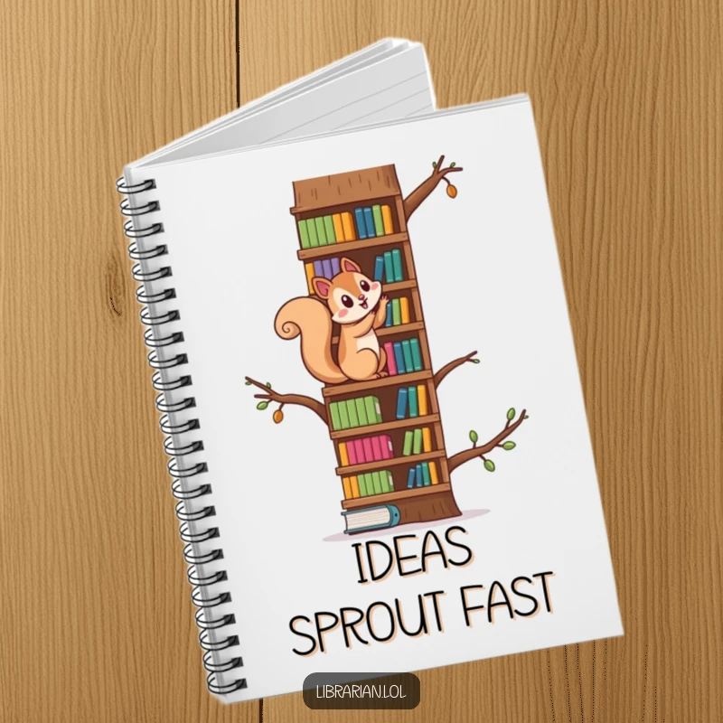 Funny squirrel climbing a towering bookshelf like a tree, a hilarious notebook for playful ideas and adventure logs.