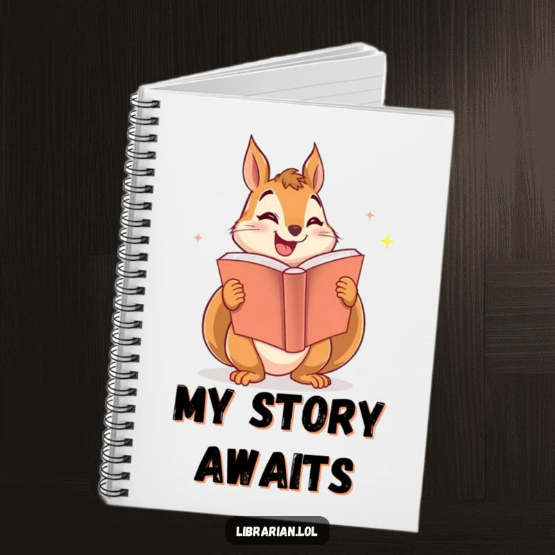 Funny notebook with a smiling squirrel enthusiastically sharing a large, sparkling book, perfect for journaling thoughts.