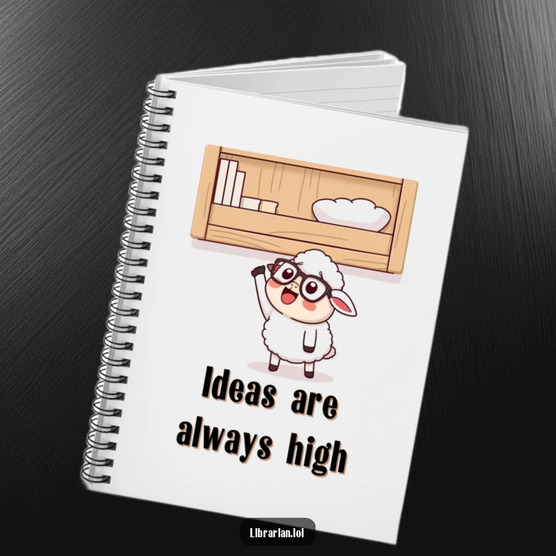 Funny Notebook cover shows a happy cartoon sheep with glasses, looking up at a high shelf and excitedly reaching, perfect for organized learning.