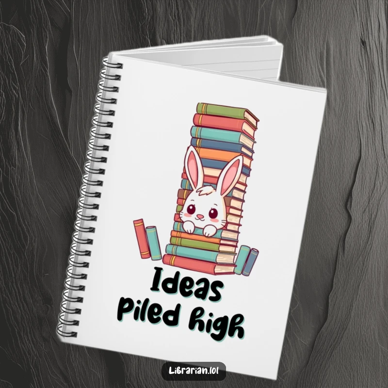 Funny bunny notebook open, with encyclopedias nearby, ready for literary notes.