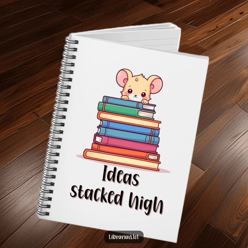 Funny cartoon mouse peeking over a stack of books on the cover of a notebook.