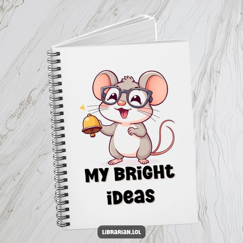 Funny notebook featuring a cheerful mouse wearing spectacles, ringing a tiny bell with excitement, suitable for journaling.