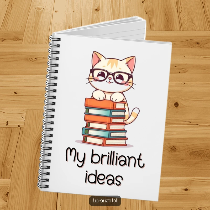 Funny notebook with a smiling cat wearing glasses, precariously stacking books, ideal for jotting down story ideas and book reviews.
