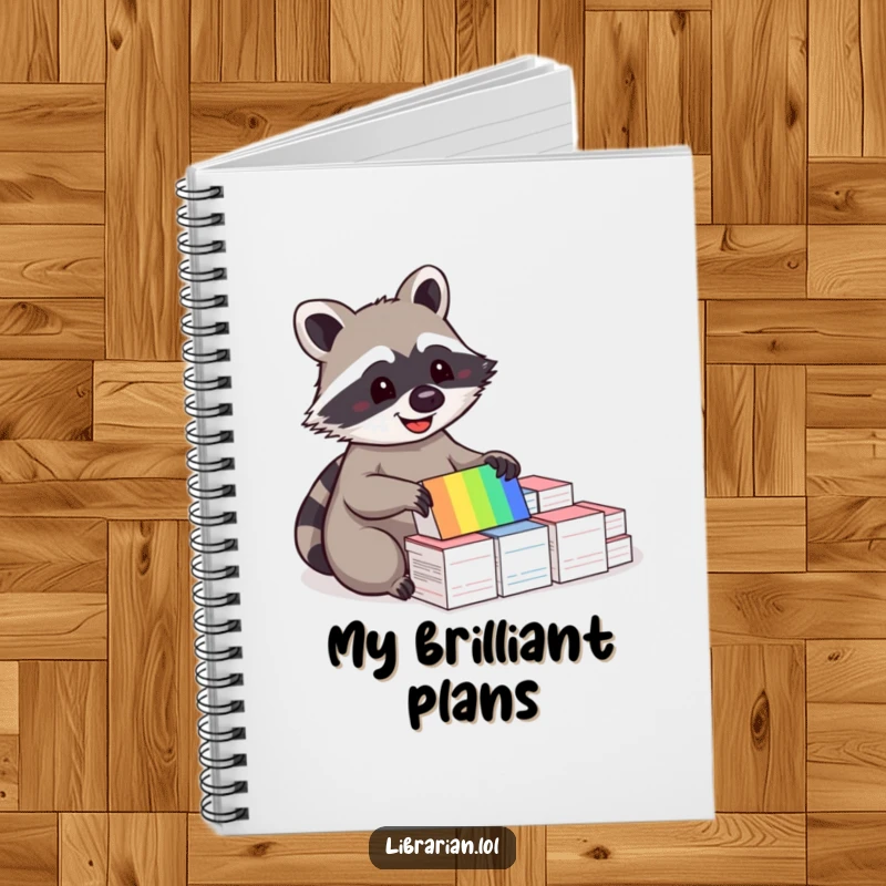 Funny notebook cover featuring a happy raccoon sorting a rainbow of index cards, perfect for organized note-taking.