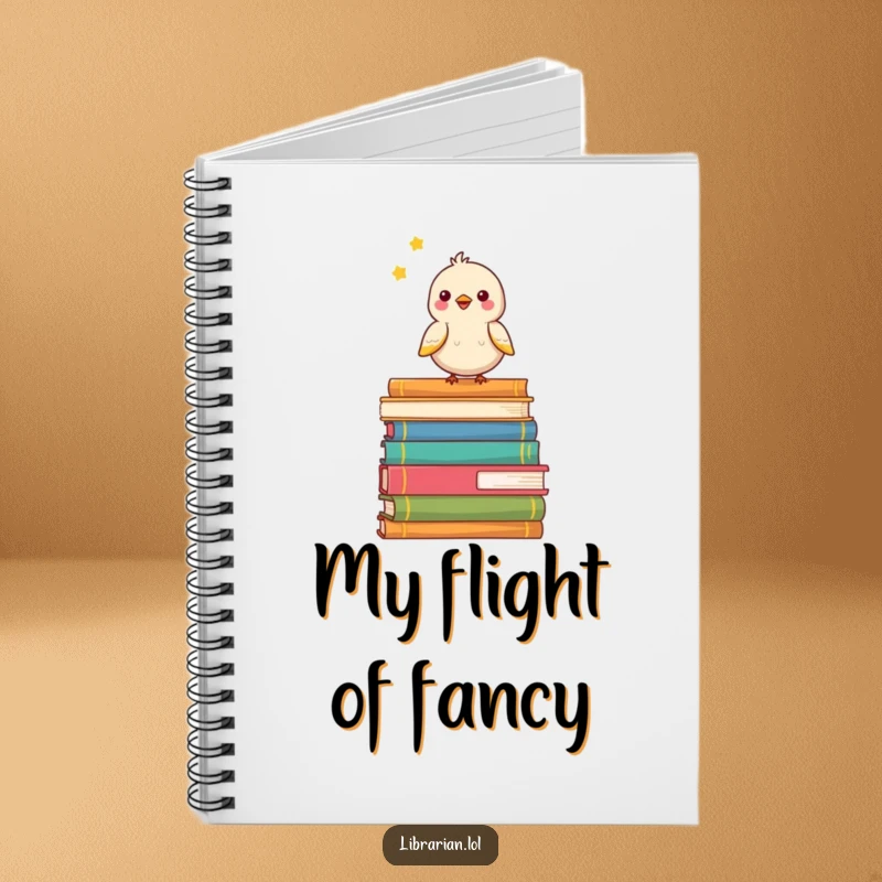 Funny notebook with a happy bird chirping on a stack of books, ideal for notes and creative writing.