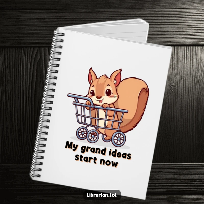 Funny notebook with a cute squirrel peeking from behind a book cart, designed for writers and students.