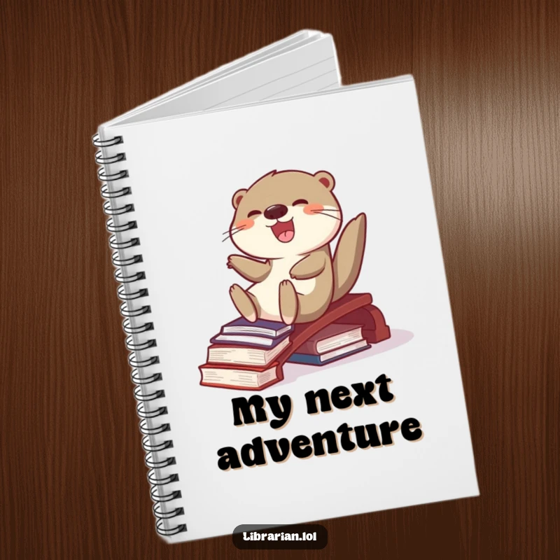 Funny joyful otter sliding down a book ramp on a notebook cover, inspiring happy thoughts and creative writing.