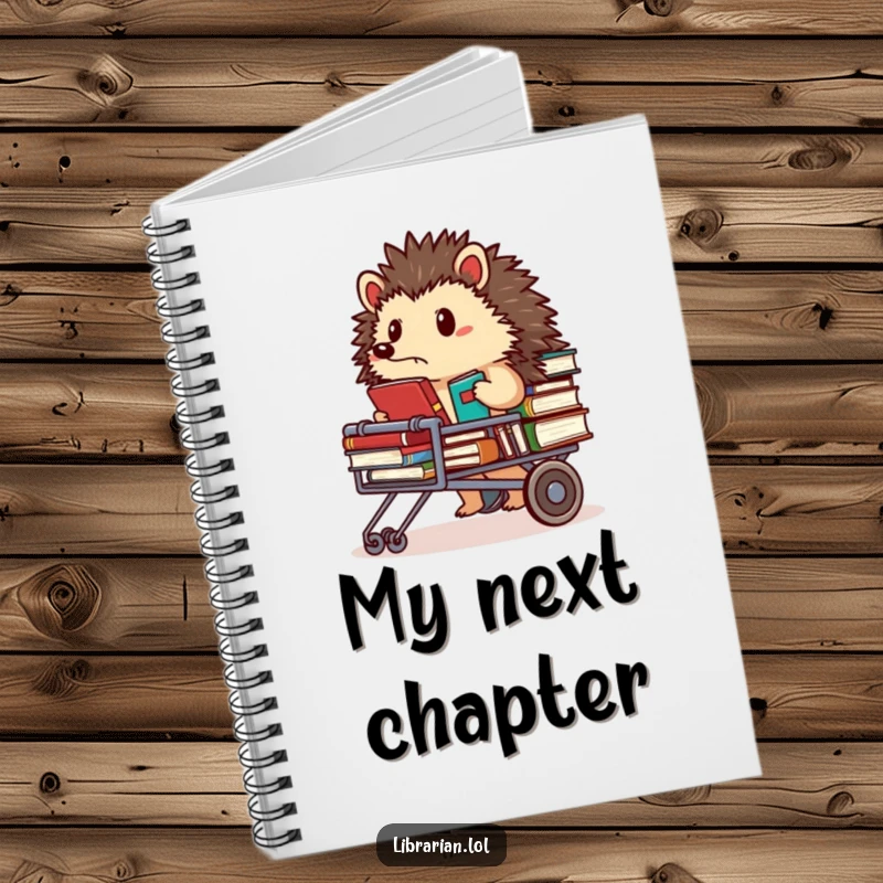 Funny Notebook: Determined hedgehog librarian pushing a book cart, looking focused, perfect for notes.