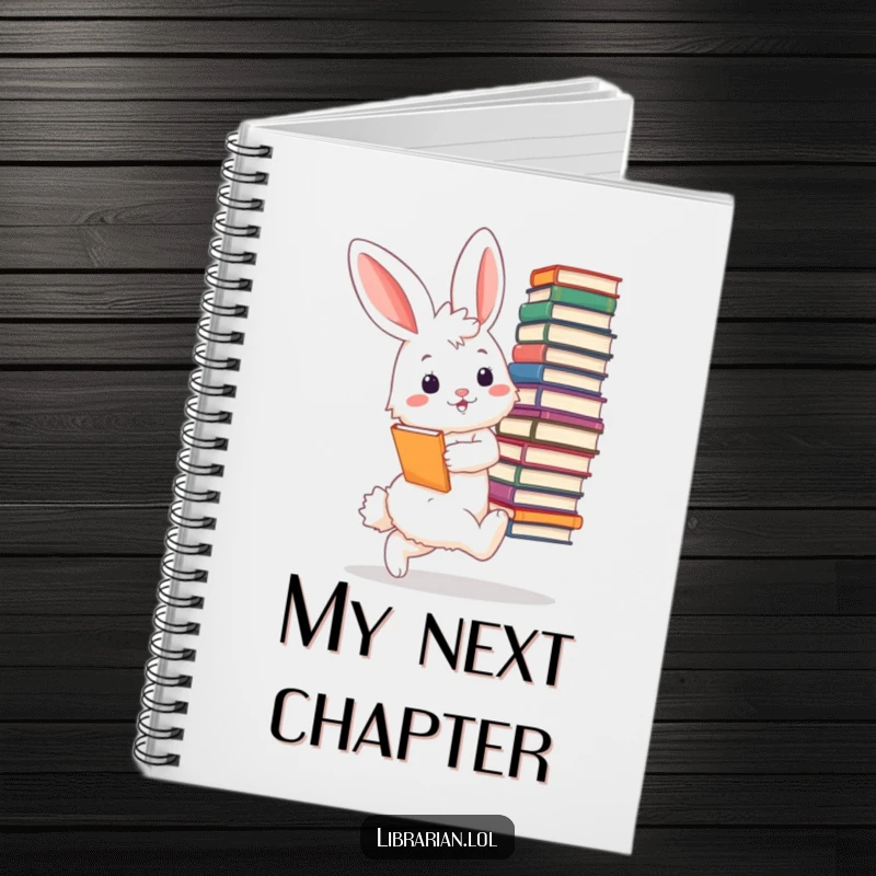 Funny bunny librarian notebook, spiral-bound, a fluffy bunny tiptoeing with a large stack of books, looking very pleased and organized.