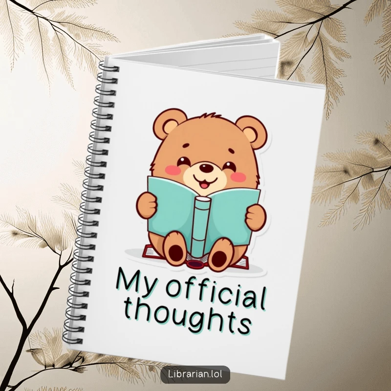 Funny notebook featuring a happy bear stamping a book, ideal for jotting down ideas with a literary theme.