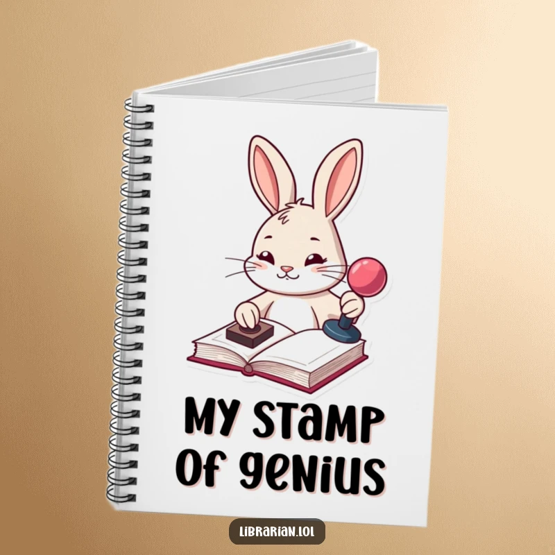 Funny determined bunny stamping a book with a stamp pad, on a lined notebook for organized note-taking.