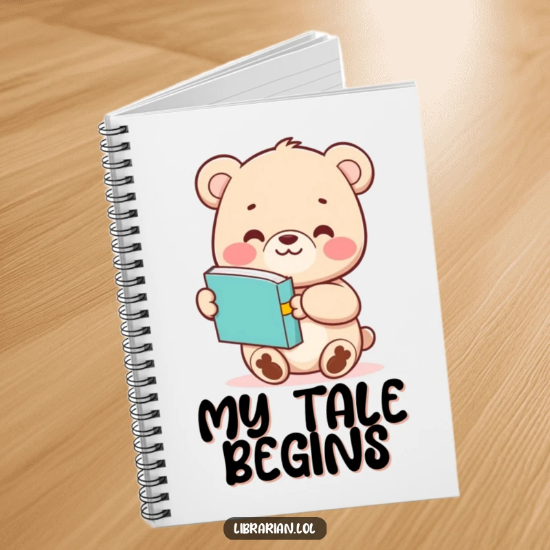Funny Bear Cub notebook cover with a cute character smiling and extending a book, ideal for writing and creative ideas.