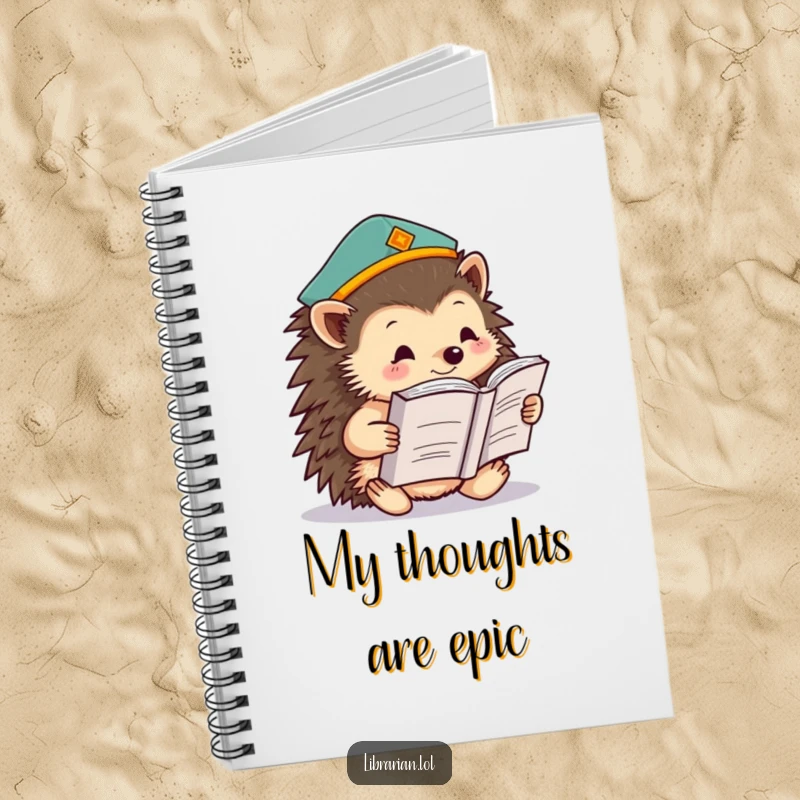 Funny hedgehog wearing a knowledge cap, reading a giant book, on the cover of a notebook, encouraging studious note-taking.