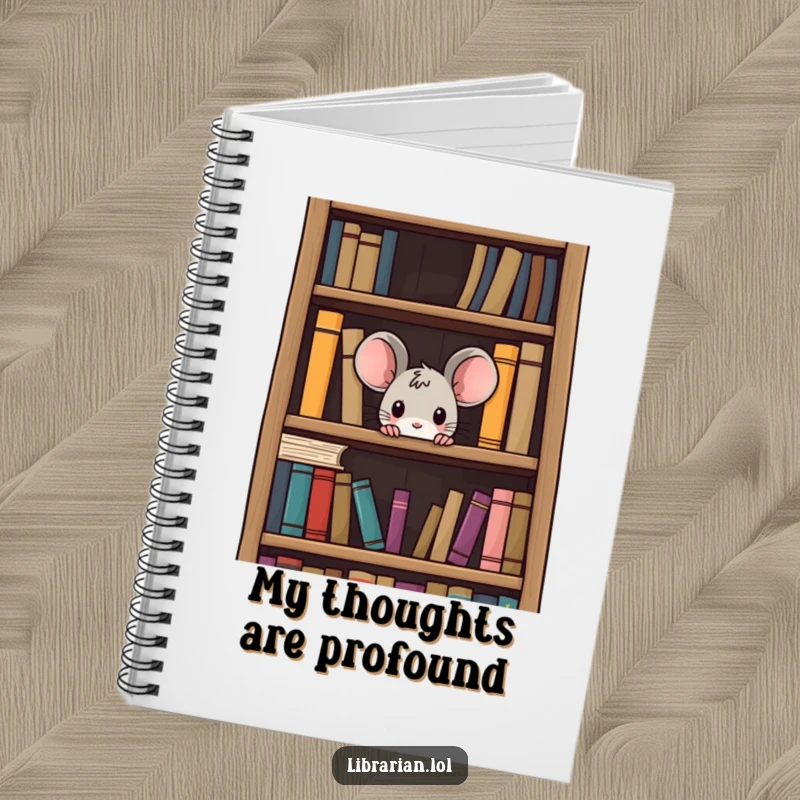 Funny curious mouse notebook, a tiny mouse peeking from a large bookshelf, ideal for writing and embracing literary curiosity.