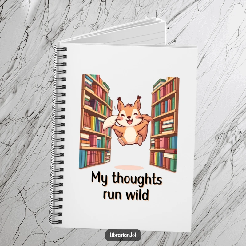 Funny notebook cover featuring a playful squirrel leaping energetically between overflowing bookshelves, inspiring creative writing and note-taking.
