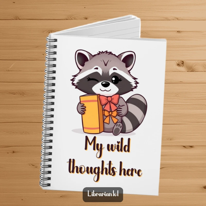 Funny Notebook: A winking raccoon with a cheerful bow shelves books with a flourish, ideal for story ideas and notes.