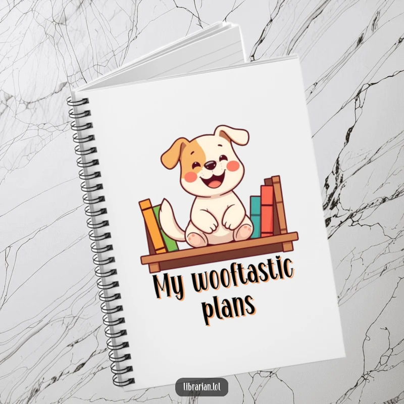 Funny notebook featuring a happy dog shelving books with a wagging tail, perfect for jotting down literary notes, a useful funny gift.