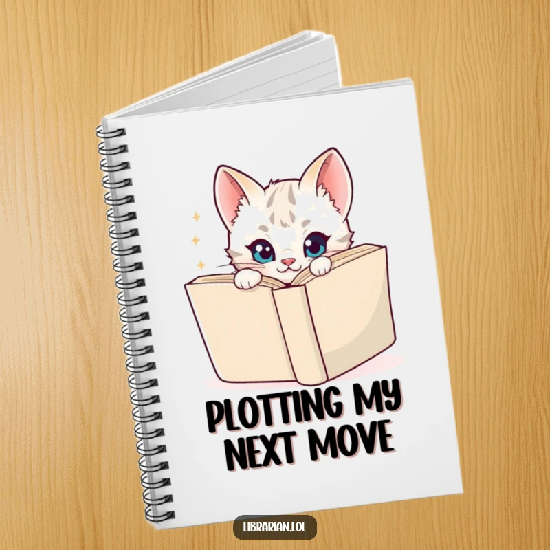 Funny Notebook cover shows a playful cartoon kitten peeking around a book, with a mischievous, sparkly gaze, great for note-taking.