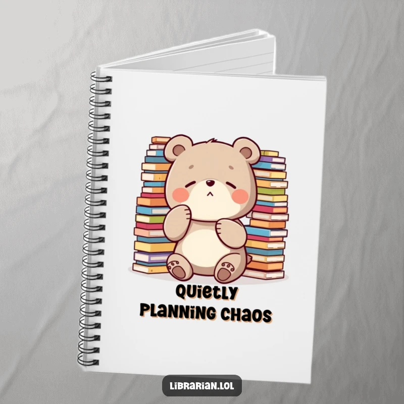 Funny Notebook: A diligent bear shushes with its paw amidst overflowing stacks, perfect for organizing thoughts in quiet concentration.